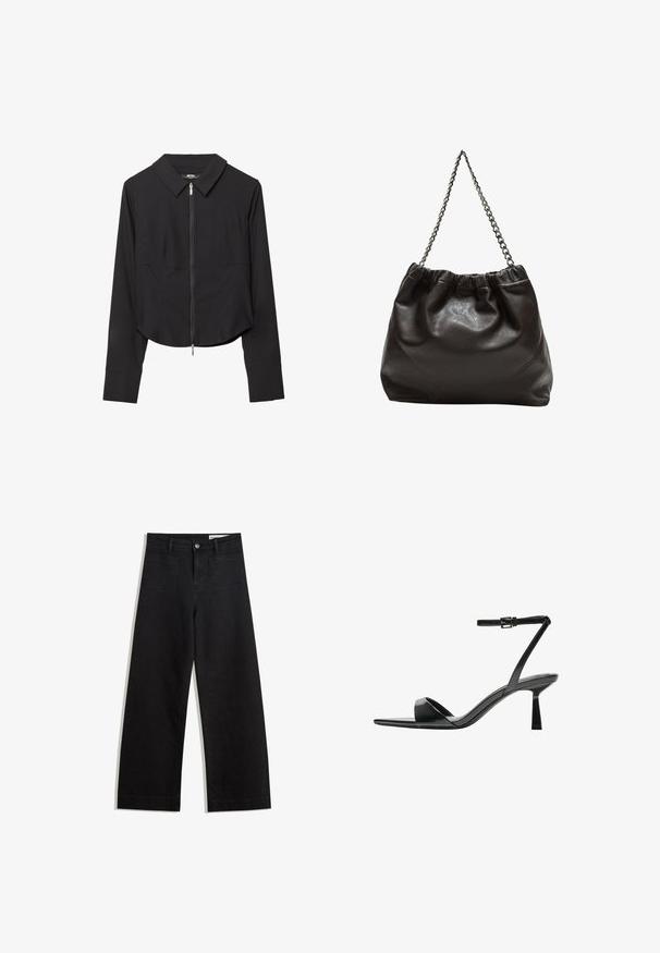 Black cropped jacket with a collar, front zip closure, long sleeves, and smooth texture. Simple design with no visible patterns or accents.; Black wide-leg denim pants with a high waist, featuring front and back pockets, stitched seams, and a button closure. Smooth texture.; Bershka High heeled sandals - black; Brown leather bag with a gathered top and a chain strap. Smooth texture with a glossy finish and subtle seam detailing on the sides.