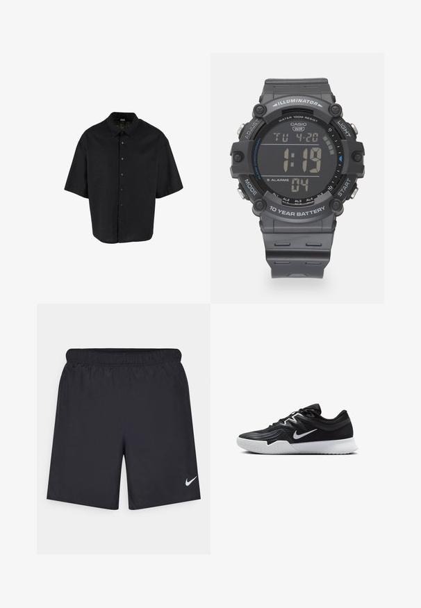 Camisa negra de manga corta confeccionada en un tejido ligero, con cierre de botones en el frente y un cuello clásico, con un corte relajado y estilo cuadrado.; Pantalones cortos deportivos negros hechos de un material ligero con una cintura elástica. Presenta un pequeño logo blanco de Nike en la parte inferior izquierda.; Zapatilla deportiva negra con parte superior texturizada, logo de Nike en blanco y suela de goma blanca. Tiene un diseño con cordones y una forma dinámica.; Reloj digital Casio con correa de resina gris, pantalla LCD, resistencia al agua de hasta 100 metros y funciones para alarmas y retroiluminación.