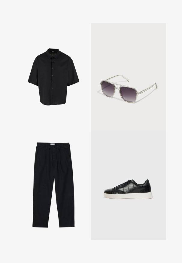 Kortermet svart skjorte laget av lett stoff, med knappesker foran og klassisk krage, i en avslappet, boksformet passform.; Pier One Chinos - black; Svarte joggesko med en teksturert krokodille-embossed læroverdel, rund tå og en kontrasterende hvit gummisåle med en glatt overflate.; Klare innrammede solbriller med firkantet form og gradient grå linser. Tynne sølvdetaljer på bøylene gir et ekstra preg.