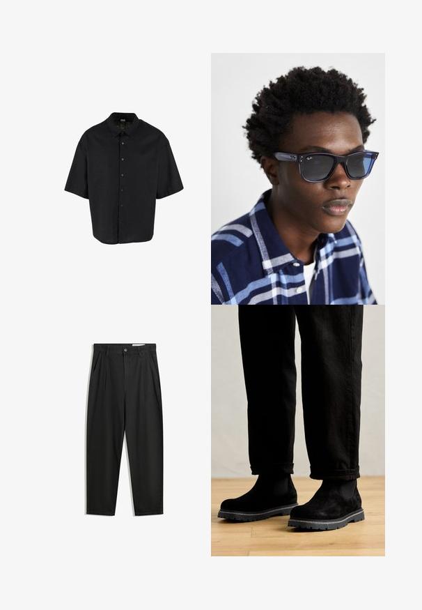 Kortärmad svart skjorta tillverkad av ett lätt tyg, med knäppning framtill och klassisk krage, i en avslappnad, boxig passform.; Svarta bomullsshorts med avslappnad passform, med en klassisk midja, framveck och sidfickor. Slät textur utan mönster.; Svarta mocka ankelstövlar med elastiska sidopaneler, svarta gummisålar med mönster, kombinerade med rullade svarta denimbyxor.; Blå Ray-Ban solglasögon med en glänsande yta, fyrkantig form och mörka linser; bärs med en skjorta i marinblå och ljusblå rutmönster.