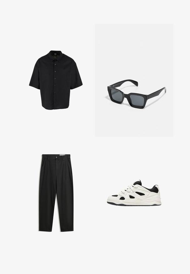 Cămașă neagră cu mâneci scurte, dintr-un material ușor, cu închidere butonată în față și guler clasic, având o croială relaxată, de tip boxy.; Pantaloni negri din bumbac cu croială lejeră, având un brâu clasic, plii frontale și buzunare laterale. Textură netedă fără modele.; Adidași albi și negri cu o talpă texturată, având desene decupate pe laterale și șireturi, și un călcâi căptușit pentru susținere.; Ochelari de soare rectangulari negri cu lentile întunecate. Ramă din plastic cu un finisaj lucios, având un pod lat și brațe ușor înguste.