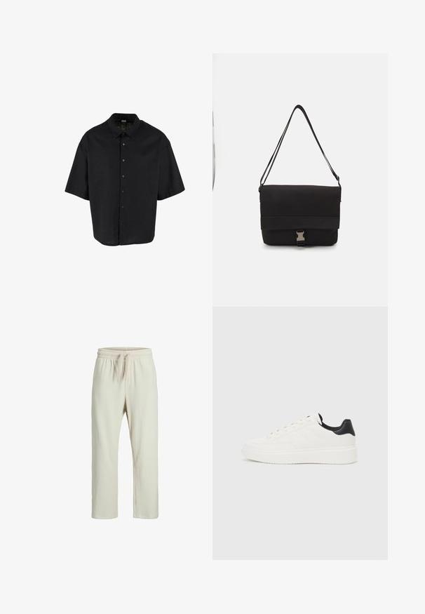 Cămașă neagră cu mâneci scurte, dintr-un material ușor, cu închidere butonată în față și guler clasic, având o croială relaxată, de tip boxy.; Pantaloni crem cu textură nervată, cu talie elastică și șnur, având o croială lejeră și pantaloni drepti.; Adidași din piele albă cu un model embosat, talpă intermediară texturată de culoare albă și accent negru pe călcâi. Prezintă vârf rotunjit și șireturi plate.; Geantă de messenger neagră, realizată din material neted, cu un capac pliat, hardware din metal argintiu și o curea pentru umăr ajustabilă.