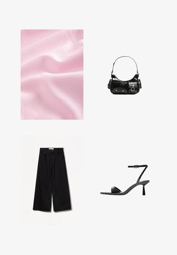 Vaaleanpunainen kangas, jossa on sileä, silkkinen rakenne ja hienovarainen kiilto, jossa on pehmeitä taitoksia ja hieno neulekuvio.; Bershka WIDE-LEG - Leveälahkeiset - black; Bershka Korolliset sandaalit - black; Mustekko mustasta kiiltonahasta valmistettu käsilaukku, jossa on kaareva muoto, yksi olkahihna, etutaskut ja hopeanväriset yksityiskohdat.