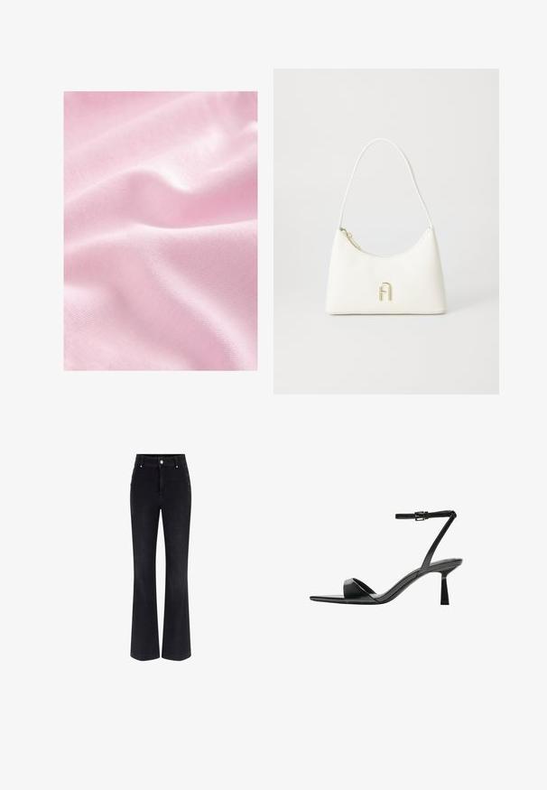 Tessuto rosa chiaro con una texture liscia e setosa e un leggero lucido, caratterizzato da pieghe delicate e un fine motivo a maglia.; Jeans a zampa d'elefante in denim nero con vita alta, design a cinque tasche e dettagli metallici sui lati. Tessuto morbido e vestibilità classica.; Bershka Sandali con tacco - black; Borsa bianca con una forma curvata e una texture liscia. Presenta un accentuato logo dorato e una chiusura con zip. Tracolla regolabile.; Orecchini a forma di stella dorata con accenti di pietre preziose trasparenti e ciondoli a forma di stella pendenti. Texture metallica liscia con una finitura lucidata.