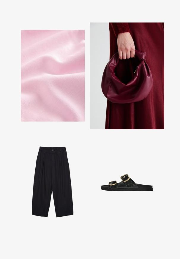 Tessuto rosa chiaro con una texture liscia e setosa e un leggero lucido, caratterizzato da pieghe delicate e un fine motivo a maglia.; Pantaloni culotte neri in poliestere con una cintura elastica, due pieghe frontali e una silhouette ampia. Nessun motivo visibile o dettagli in metallo.; Infradito neri con due accenti di fibbia dorata, materiale dalla texture liscia, suola piatta e design minimalista.; Borsa in pelle bordeaux con un design morbido e arricciato e una forma arrotondata. Il manico è fissato, mostrando una texture liscia.