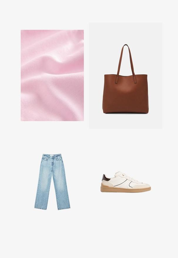 Svijetlo ružičasta tkanina s glatkom, svilenkastom teksturom i suptilnim sjajem, s blagim nabranim detaljima i finim pletenim uzorkom.; Svijetloplave široke traperice s visokim strukom, s izbljeđenim pranjem i malim, raštrkanim oštećenjima na cijeloj površini.; Stradivarius Tenisice - white; Smeđa kožna torba preko ramena s glatkom teksturom, otvorenim vrhom i dvjema naramenicama. Ima minimalne šavove i nema vidljivog hardvera.