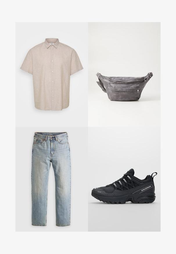 Rövid ujjú, galléros ing világos bézs len vászonból. Gombos elülső részével és laza szabásával rendelkezik, sima, textúrált felülettel.; Világoskék farmernadrág magas derékkal, elülső gombbal, cipzárral és öt zsebbel, sima háttérre fektetve.; Fekete sportcipők hálós felsőrésszel, gumitalppal és fényvisszaverő részletekkel. Párnázott talppal és fűzős dizájnnal rendelkezik.; Szürke velúr övtáska kerek formával, két cipzáras rekesszel és állítható pánttal. Fém dekorációval rendelkezik.