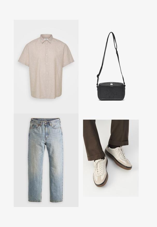Cămașă cu mâneci scurte, cu guler, din in bej deschis. Are un sistem de închidere cu nasturi în față și un croi lejer, cu o suprafață netedă și texturată.; Jeans din denim de culoare albastru deschis, cu talie înaltă, nasture frontal, fermoar și design cu cinci buzunare, așezate platesc pe un fundal neutru.; Adidași bej cu un vârf din suede texturat, laterale din piele netedă și o talpă din cauciuc maro. Șireturile și detalii de cusătură subtilă incluse.; Geantă din piele neagră, tip crossbody, cu închidere cu fermoar, logo embosat pe față și curea ajustabilă. Textură netedă și formă rectangulară.