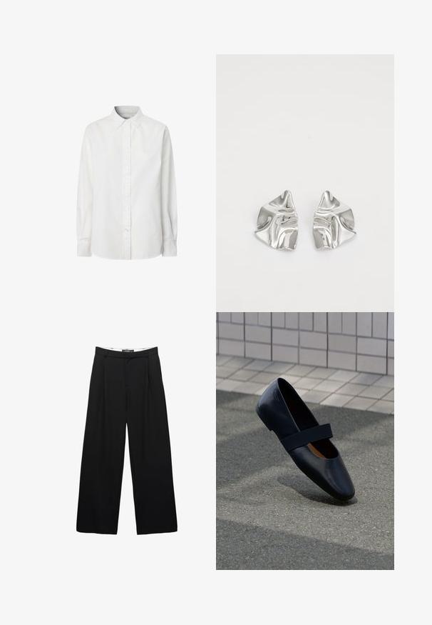 Camicia bianca a maniche lunghe con bottoni, realizzata in cotone, con colletto classico, patta dei bottoni e orlo leggermente curvo.; Pantaloni neri a gamba larga realizzati in tessuto liscio. Presentano pieghe frontali, una vita con passanti per la cintura e una silhouette sartoriale.; Scarpa piatta in pelle nera con punta arrotondata, dotata di una morbida fascia elastica nera sul collo del piede. Texture liscia e design minimalista.; Orecchini in metallo argento con un design ondulato e scultoreo, caratterizzati da una finitura lucida e forme irregolari, che evidenziano un'estetica contemporanea.
