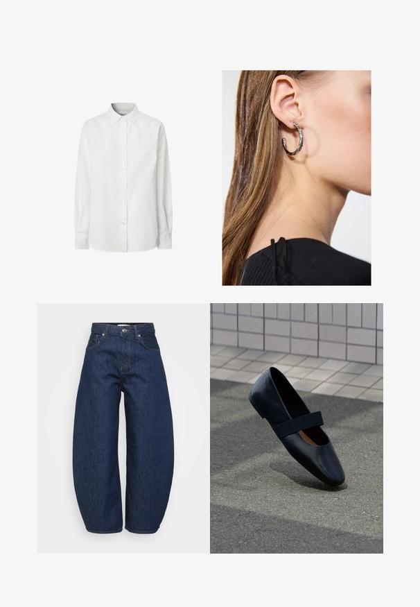 Hvid langærmet skjorte med knapper lavet af bomuld, med en klassisk krave, knaplukning og en let buet bund.; Mørkeblå denimjeans med en bred, afslappet pasform. Har lynlås, fire lommer og kontrastsyet syning langs sømmene.; Sort læder flad sko med rund tå, der har en blød sort elastisk strop over vristen. Glat tekstur og minimalistisk design.; Sølv hoop ørestik med en poleret overflade, prydet med små guld accenter og en rund form, båret på øreflippen.
