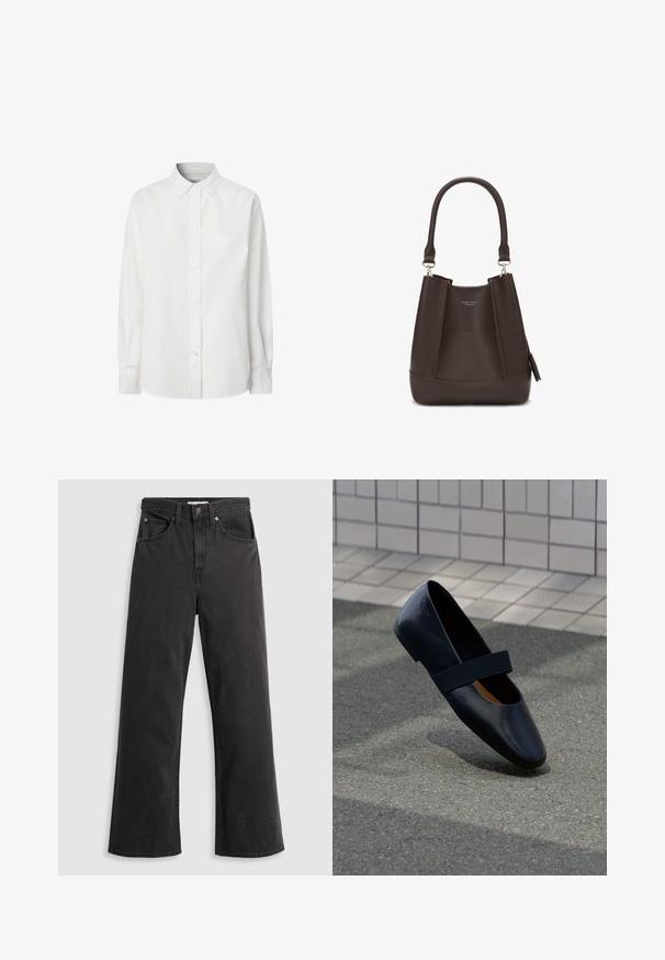 Biała, długi rękaw, koszula zapinana na guziki, wykonana z bawełny, z klasycznym kołnierzykiem, listwą guzikową i lekko zaokrąglonym dołem.; Czarne dżinsy o szerokich nogawkach z wysokim stanem, pięcioma kieszeniami i metalowym zapięciem. Tkanina ma gładką, lekko przetartą teksturę.; Czarne skórzane płaskie buty z okrągłym noskiem, z miękkim czarnym elastycznym paskiem przez wierzch. Gładka tekstura i minimalistyczny design.; Carlheim ADALINE brązowy