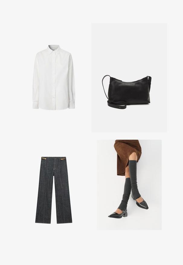 Weißes langärmliges Hemd mit Knopfverschluss aus Baumwolle, ausgestattet mit einem klassischen Kragen, einer Knopfleiste und einem leicht geschwungenen Saum.; Helle Jeans mit weitem Bein und hoher Taille. Mit sichtbaren Nähten, einem Knopfverschluss und einem einzigartigen Kettenakzent an der Taille.; Schwarze lacklederne spitze Schuhe mit Blockabsatz und Knöchelriemen, kombiniert mit grauen gerippten Beinstulpen und einem braunen Wildlederrock.; Schwarze Ledertasche für die Schulter mit glatter Textur, geschwungener Form, verstellbarem Tragegurt und Reißverschluss. Minimalistisches Design ohne Verzierungen.