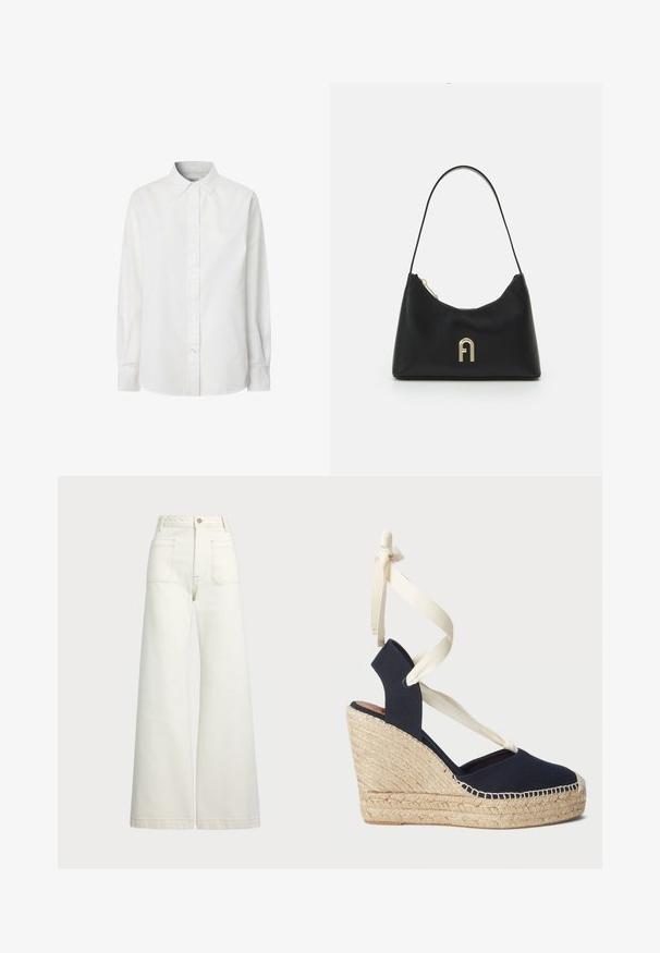 White long-sleeve button-up shirt made of cotton, featuring a classic collar, button placket, and a slightly curved hem.; Wide-leg jeans in off-white denim. High-waisted design with a button closure, two front pockets, and contrast stitching details.; Navy canvas wedge sandal with an espadrille rope outsole and cream ribbon ties at the ankle. Closed heel and round toe design.; Black handbag made of smooth material, featuring a curved shape, a single strap, and a gold-colored logo accent on the front.