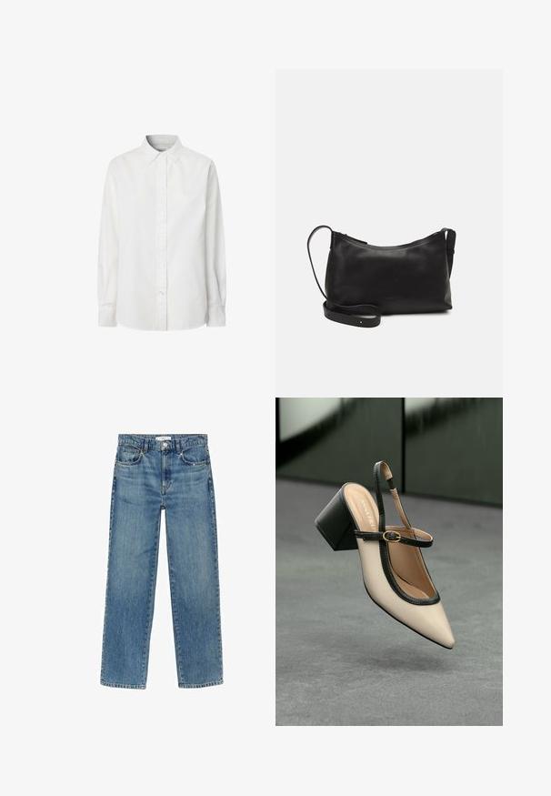 Weißes langärmliges Hemd mit Knopfverschluss aus Baumwolle, ausgestattet mit einem klassischen Kragen, einer Knopfleiste und einem leicht geschwungenen Saum.; Hellblaue Denim-Jeans mit geradem Bein, fünf Taschen und einem Knopfverschluss an der Taille. Besitzt sichtbare Nähte und ein verwaschenes Finish.; Beige Slingback-Schuh mit spitzer Zehenpartie, schwarzer Umrandung, goldener Schnalle und dicker Blockabsatz auf grauem Boden vor dunklem grünen Hintergrund.; Schwarze Ledertasche für die Schulter mit glatter Textur, geschwungener Form, verstellbarem Tragegurt und Reißverschluss. Minimalistisches Design ohne Verzierungen.