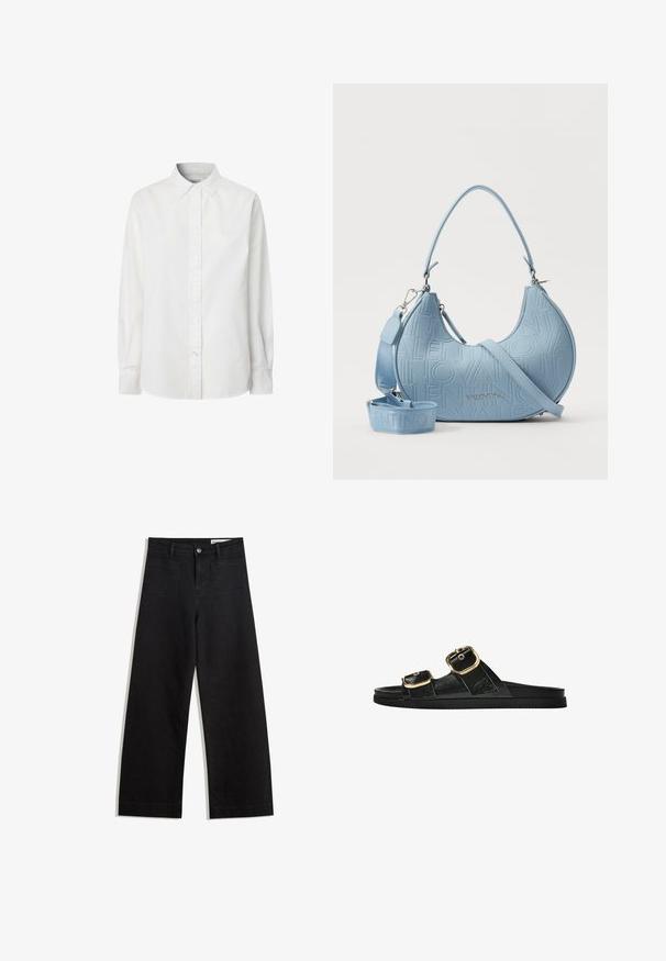 Witte lange mouwen knoopshirt gemaakt van katoen, met een klassieke kraag, knoopsluiting en een licht gebogen zoom.; Zwarte denim broek met wijde pijpen en een hoge taille, voorzien van voor- en achterzakken, gestikte naden en een knoopsluiting. Gladde textuur.; Zwarte slipper met twee gouden gesps, gladde textuur, platte zool en een minimalistisch ontwerp.; Lichtblauwe leren handtas met een reliëflogo, gebogen vorm en verstelbare schouderriem. Voorzien van metalen hardware accenten.