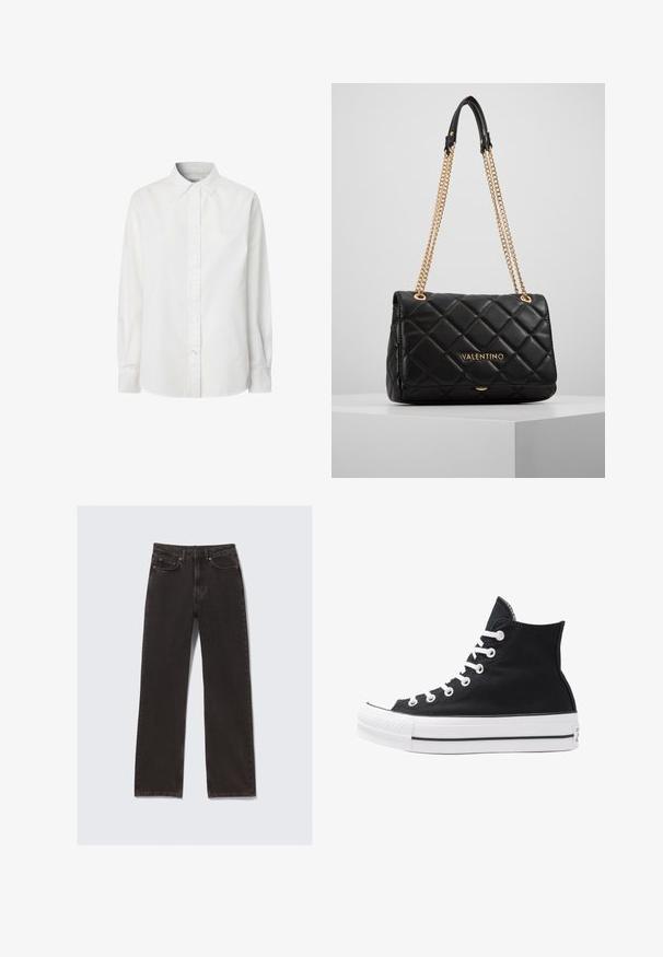 Bela dolg rokav srajca z gumbki, izdelana iz bombaža, ki ima klasičen ovratnik, gumbčasto zapenjanje in rahlo ukrivljen rob.; Črne kavbojke iz jeansa z ravnimi hlačnicami, petimi žepi in zadrgo na gumbe. Vidni so izraziti teksturni in šivalni detajli.; Visoke črne platnene superge z belimi režami, vezalkami in gumijastim podplatom. Ponašajo se z teksturiranim zaščitnikom za prste in črno-belimi črtami.; Črna prešita usnjena torbica z zlatim verižnim trakcem in podrobnostmi logotipa. Pravokotna oblika, gladka tekstura, z zapiranjem na pokrov.