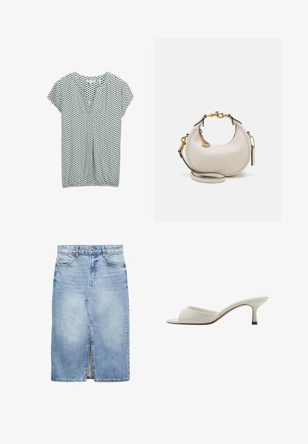 TOM TAILOR T-shirt print - green white tile minimal; Lichte blauwe denimrok, knie-lengte met een voorkeursplit. Voorzien van vijf riemlussen, twee voorzakken en sluiting met metalen knoop.; Witte open-toed hoge hakken met een gladde afwerking, minimalistisch ontwerp en een slanke hak, met een subtiele bruine accent op de zool.; Crème leren handtas met een halve maan vorm, gouden hardware, zwarte accenten en een afneembare schouderband. Heeft een kettingdetail en label.