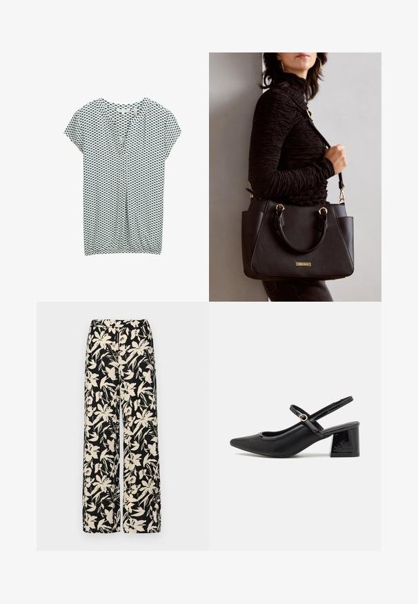 TOM TAILOR T-shirt imprimé - green white tile minimal; Pantalon large noir avec un motif floral crème. Fabriqué en tissu léger, il présente une texture lisse et une taille haute.; Escarpins slingback en cuir verni noir avec un embout pointu, un design à découpes arrondies et un talon carré. Présente un accent de boucle en ton doré.; Sac à main noir avec surface texturée, deux poignées supérieures et bandoulière réglable. Doté de quincaillerie dorée et de poches latérales.