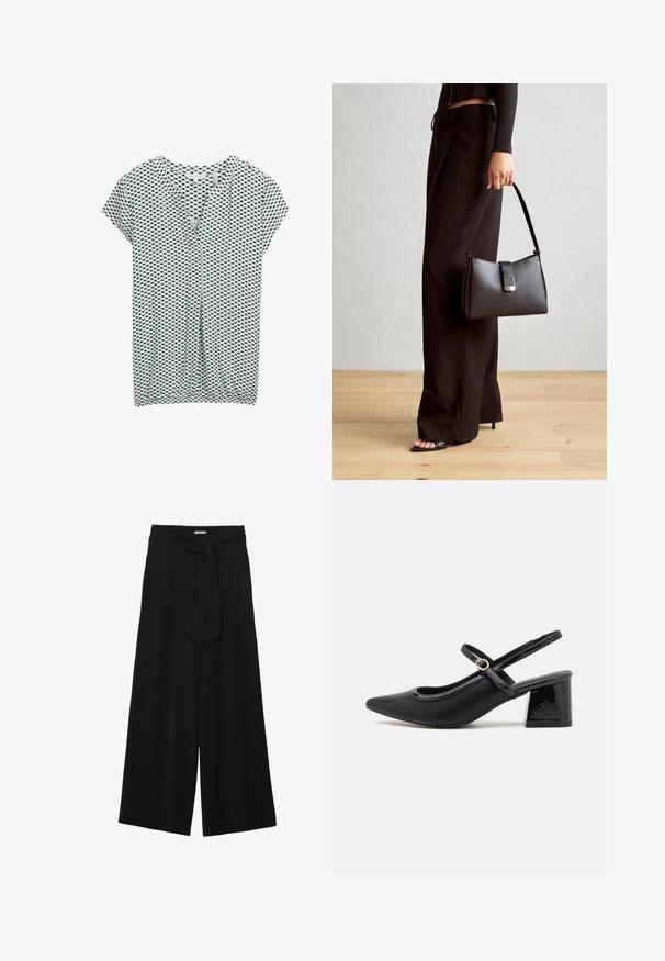 TOM TAILOR T-Shirt print - green white tile minimal; Schwarze weite Hosen aus strukturiertem Stoff, mit elastischem Bund und einem abnehmbaren Bindegürtel in der Taille für eine verstellbare Passform.; Schwarze Lackleder-Slingback-Absätze mit spitzer Zehenform, einem runden Ausschnitt-Design und einem Blockabsatz. Mit einem goldfarbenen Schnallenakzent.; Schwarze Handtasche mit strukturierter Form, glatter Textur und einem metallischen Verschluss. Kombiniert mit weiten schwarzen Hosen und offenen Sandalen auf einem Holzboden.