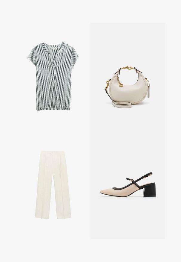 TOM TAILOR T-shirt con stampa - green white tile minimal; Pantaloni a gamba larga di un leggero colore crema. Realizzati in un tessuto morbido con pieghe sul davanti e tasche laterali.; Decolletè beige in pelle con tacco a blocco e punta affusolata, rifinita con un bordo nero lungo l'apertura e una sottile cinturino regolabile sul retro con dettagli in corsa dorati.; Borsa a mano in pelle crema a forma di mezzaluna, con accessori in oro, dettagli neri e una tracolla rimovibile. Presenta una dettagli in catena e un'etichetta.