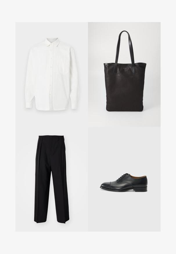 Camisa branca de botões com um bolso no peito, colarinho, mangas longas e um toque de tecido suave. Design simples e clássico.; Calças pretas plissadas com um design reto e de perna larga. Feitas de um tecido liso, apresentam um fecho de botão e passantes para cinto.; Sapato de pele preto com acabamento suave, bico redondeado, cinco ilhó para atacadores e salto baixo em bloco. Design minimalista com costura subtil.; Saco de lona preto com alças de couro pretas. Design simples, corpo espaçoso e textura suave. Sem logótipos ou padrões visíveis.