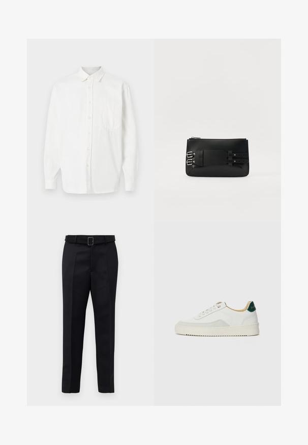 Λευκό πουκάμισο με κουμπιά, που διαθέτει τσέπη στο στήθος, γιακά, μακριά μανίκια και λεία υφή υφάσματος. Απλός και κλασικός σχεδιασμός.; Μαύροι καλοραμμένοι παν trousers με λεία υφή, ίσια γραμμή και ζώνη με ορθογώνια πόρπη. Οι επισημασμένες πιέτες μπροστά ενισχύουν το σχέδιο.; Λευκά sneakers με σουέτ λεπτομέρειες, στρογγυλή μύτη, επίπεδα κορδόνια και κρέμα από καουτσούκ σόλα. Διαθέτει πράσινη επωνυμία στη φτέρνα.; Μαύρη δερμάτινη τσάντα χειρός με λεία υφή, διαθέτοντας μεταλλικά αξεσουάρ και λεπτομέρεια με ιμάντα αγκράφας στο πίσω μέρος. Κλείσιμο με φερμουάρ στο επάνω μέρος.
