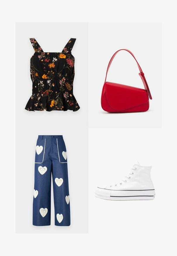 Crni cvjetni peplum top s podesivim naramenicama; sadrži šarene cvjetne uzorke u ružičastoj i žutoj boji, naboran struk i volanasti rub.; Sister Jane HEART TO HEART - Traperice ravnih nogavica - blue denim; Bijela visoka platnena tenisica s crnom gumenom potplatom, prednjim gumenim zaštitnikom prstiju i šest rupa za vezanje, s čistim, minimalističkim dizajnom.; Crvena kožna torba s kutnim, geometrijskim dizajnom. Ima jedan podesivi remen i preklopni zatvarač sa šivenim detaljima.