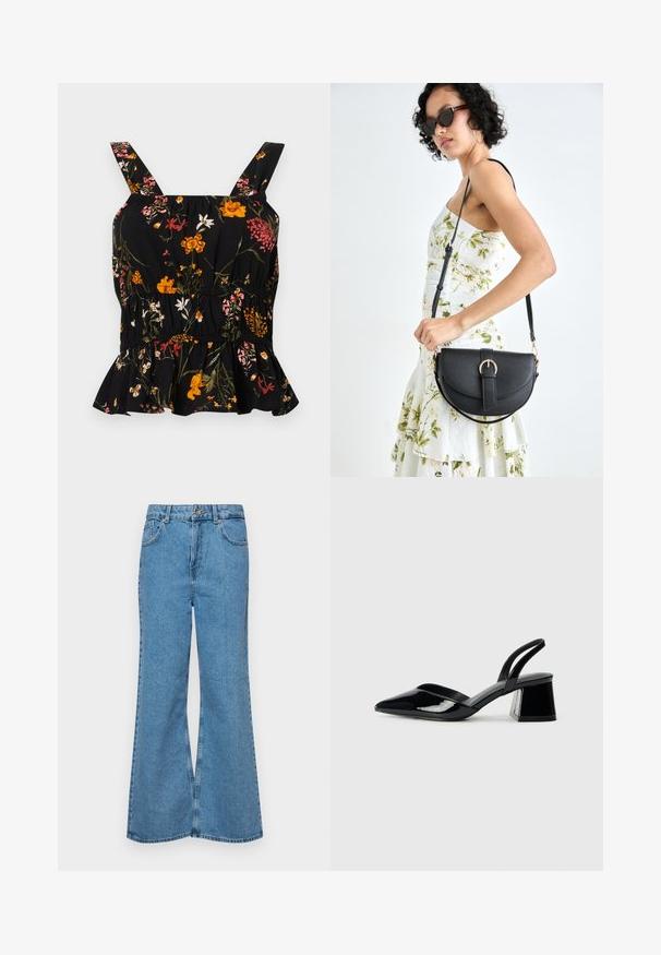 Top peplum negro con flores y tirantes ajustables; presenta un estampado floral colorido en rosa y amarillo, cintura fruncida y un dobladillo con volantes.; Jeans acampanados de color azul claro hechos de denim, con una cintura alta, cinco bolsillos y un cierre de botón. Textura suave con acabado desgastado.; Zapatos de tacón slingback de charol negro con punta afilada y tacón geométrico en bloque. Presentan un diseño elegante y minimalista, así como una textura suave.; Bolso de piel negra con forma curva, correa desmontable y herrajes dorados. El bolso cuenta con una solapa con un detalle de hebilla.