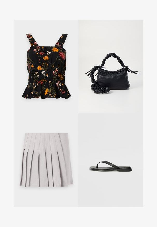 Top peplum preto com flores e alças ajustáveis; apresenta padrões florais coloridos em rosa e amarelo, cintura franzida e barra com babados.; Saia cinza plissada com uma textura suave, apresentando múltiplos pregas verticais e uma cintura ajustada. Feita de tecido leve.; Chinelo preto feito de couro liso, com um design de tira fina e sola baixa com um perfil minimalista. Sem padrões ou acentos notáveis.; Bolsa de mão em couro sintético preto com textura de crocodilo, topo franzido e alça enrugada. Apresenta um design suave e compacto.