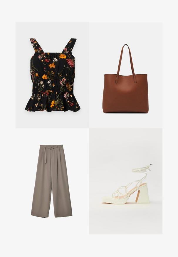 Crni cvjetni peplum top s podesivim naramenicama; sadrži šarene cvjetne uzorke u ružičastoj i žutoj boji, naboran struk i volanasti rub.; Široke hlače u mekoj, prigušenoj sivoj tkanini, s remenom na struku i plisiranim detaljima za dodatni dizajn. Glatka tekstura, bez uzoraka.; Bijela sandala na visokoj potpetici s debelim petom, s remenom i vezanjem oko gležnja. Glatka tekstura s platformom sprijeda za dodatnu visinu.; Smeđa kožna torba preko ramena s glatkom teksturom, otvorenim vrhom i dvjema naramenicama. Ima minimalne šavove i nema vidljivog hardvera.