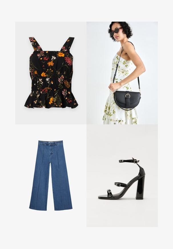 Top peplum nero con fiori e spalline regolabili; presenta vivaci motivi floreali in rosa e giallo, vita arricciata e orlo frastagliato.; Jeans in denim a gamba larga di blu medio, con vita alta, chiusura con bottone e dettagli delle cuciture verticali a contrasto lungo la parte anteriore.; Sandali con tacco in vernice nera, con punta squadrata, cinturini alla caviglia e fibbie in argento. Presentano un tacco a blocco spesso per maggiore stabilità.; Borsa a tracolla nera in pelle con una forma curva, manico rimovibile e accessori dorati. La borsa presenta una patta con un dettaglio a fibbia.
