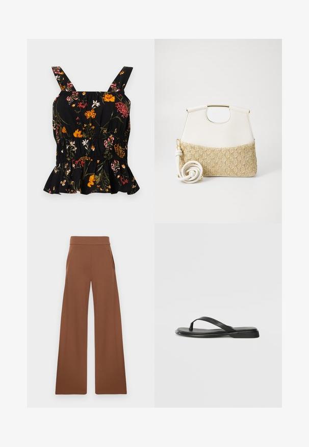 Čierny kvetinový peplum top s nastaviteľnými ramienkami; obsahuje farebné kvetinové vzory v ružovej a žltej, z gatherovaným pásom a volánovým lemom.; Hnedé nohavice s širokými nohavicami vyrobené z hladkej, elastickej látky. Majú vysoký pás a bočné vrecká, navrhnuté pre voľný strih.; Čierne šľapky vyrobené z hladkej kože, s tenkým pásikom a plochou podrážkou s minimalistickým profilom. Bez výrazných vzorov alebo akcentov.; Biely kožený kabelka so štruktúrovaným krémovým tkaným dnom. Obsahuje zlatý úchyt a vinutý biely popruh pre univerzálnosť.