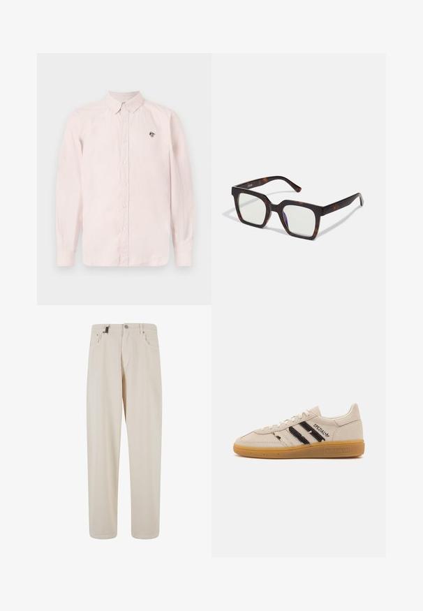 Hele roosa, pika varrukaga särgiga, millega on kaelus ja must logodetail rinnal. Valmistatud kergest kangast.; Beige puuvillased püksid sirge säärega disainiga, millel on esipocketid ja nööbi kinnitamine. Sile tekstuur ja minimaalne kaunistus.; Beige nubukist sneaker mustrite mustade triipude ja "Spezial" tekstiga, millel on tekstureeritud kummist tald ja klassikaline paeltega sulgemine.; Ruudukujulised päikeseprillid, millel on kilpkonnamustri atsetaadist raam ja selged läätsed. Omavad laiu tempelmeid ja mati viimistluse, mis suurendab üldist vastupidavust.