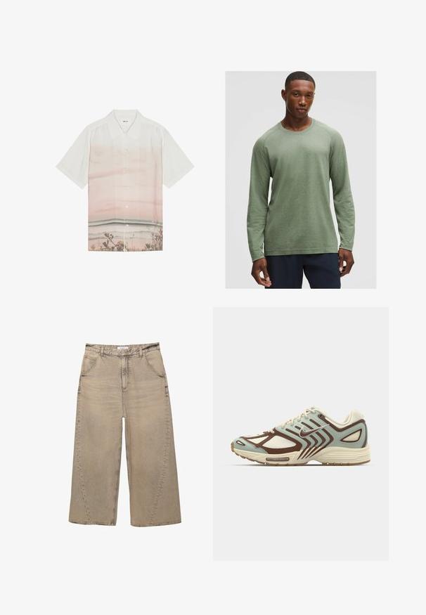 Chemise à manches courtes en tissu blanc dotée d'un design dégradé avec des teintes rose pâle et d'une impression de scène de plage en bas. Fermeture à boutons.; Chemise à manches longues en vert muted avec un motif texturé, décolleté rond et manches raglan, fabriquée en tissu doux et léger.; PULL&BEAR MEGA BAGGY - Jean baggy - light grey; Baskets bleu clair et marron avec un dessus en maille texturée, un design en couches, des accents réfléchissants et une semelle intermédiaire crème rembourrée.