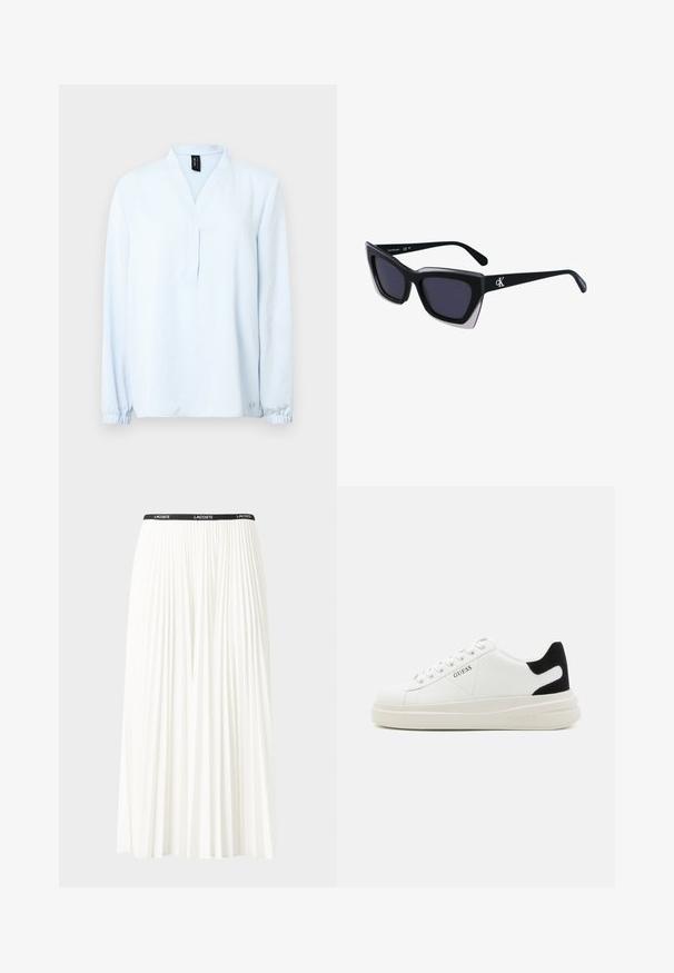 Svetlo modra majica z dolgimi rokavi in v-izrezom, izdelana iz mehkega blaga. Ima nabrane manšete in majhno logotipno podrobnost na spodnjem robu.; Gubasta bela krila z črnim elastičnim pasom, ki nosi logotip "LACOSTE". Srednje dolga zasnova z mehkobo tkanine.; Bele usnjene športne copate z debelim belim podplatom, črnimi semišnimi detajli na peti in utisnjenim logotipom na strani. Zavezovanje s šestimi luknjicami.; Črne prevelike sončne očala geometrijske oblike, z temnimi lečami in kontrastno sivo podrobnostjo na okvirju. Logo na ročaju.