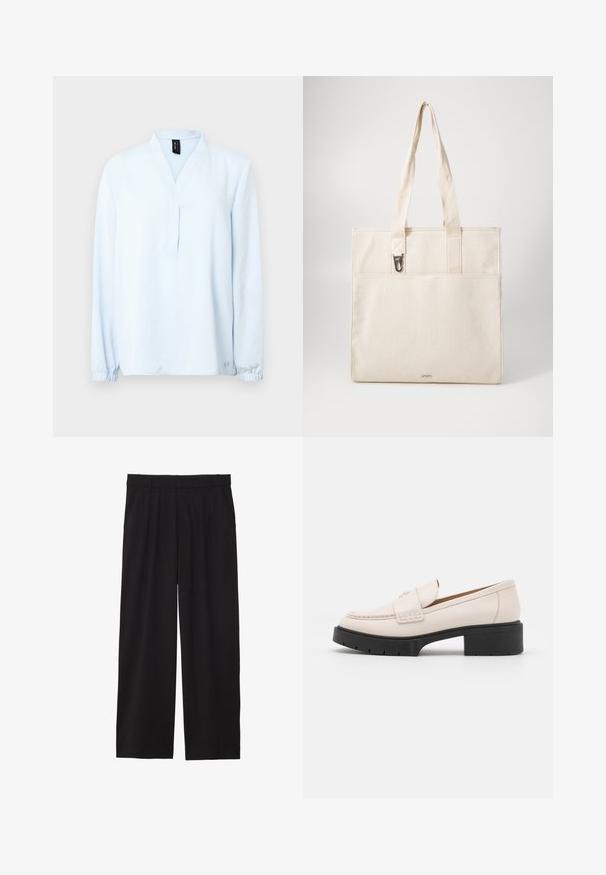 Světle modrý dlouhý rukáv s výstřihem do V, vyrobený z měkké látky. Má nařasené manžety a malý logotyp na lemu.; Černé široké kalhoty s skladaným předním dílem, bočními kapsami a hladkou texturou tkaniny. Navrženy pro pohodlný střih.; Světlobéžové kožené mokasíny se střiženým předním dílem a texturovaným černým platformovým podpatkem. Obsahují zakřivený design a mírné zvýšení.; Plátěná taška v jemné béžové barvě s dvěma pevnými uchy, přední kapsou a detaily z kovu. Hladký povrch a obdélníkový tvar.