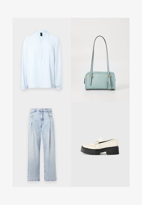 Šviesiai mėlynas ilgomis rankovėmis palaidinė su V formos iškirpte, pagaminta iš minkštos medžiagos. Rankogaliai surinkti, apačioje mažas logotipo detalė.; Šviesiai mėlyni džinsai su aukštu liemeniu, plačiomis kojomis, dviem šoninėmis kišenėmis ir raukinių dizainu. Minkšta tekstūra su nudilusia apdaila.; Baltas odinis loaferis su storu juodu platforminiu padu, turintis stačiakampį sidabrinį sagtį ir matomu siuvimo ornamentu ant viršaus.; COACH SWING ZIP BAG 20 - Rankinė - light blue