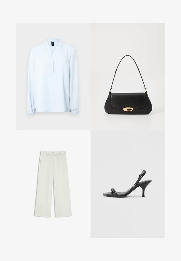 Haut bleu clair à manches longues avec un col en V, fabriqué en tissu doux. Doté de poignets froncés et d'un petit logo au niveau de l'ourlet.; Pantalons à jambes larges en tissu crème clair, dotés de poches latérales, d'un devant plat et d'une fermeture à un bouton à la taille. Texture lisse.; Sandales à talons hauts en cuir noir avec un talon fin et courbé et un design de brides croisées. Bride de cheville réglable. Texture lisse.; Sac à main en cuir noir avec un design incurvé, matériel doré et une poignée sur le dessus. Présente une fermeture élégante et une texture lisse.