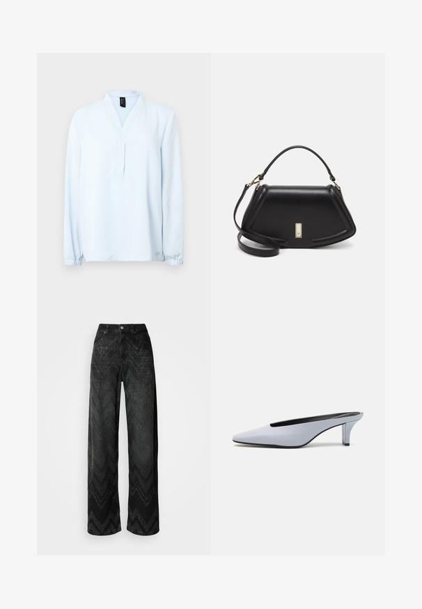 Light blue long-sleeve top with a v-neck, made from soft fabric. Features gathered cuffs and a small logo detail at the hem.; Wide-leg black jeans with a zigzag texture pattern. Made from denim, featuring a button closure and two front pockets.; Light blue patent leather mule with a pointed toe, low transparent heel, and a sleek design featuring a cut-out at the vamp.; Black leather handbag with a structured design, featuring a cropped shape, top handle, and gold hardware accent. Adjustable shoulder strap included.