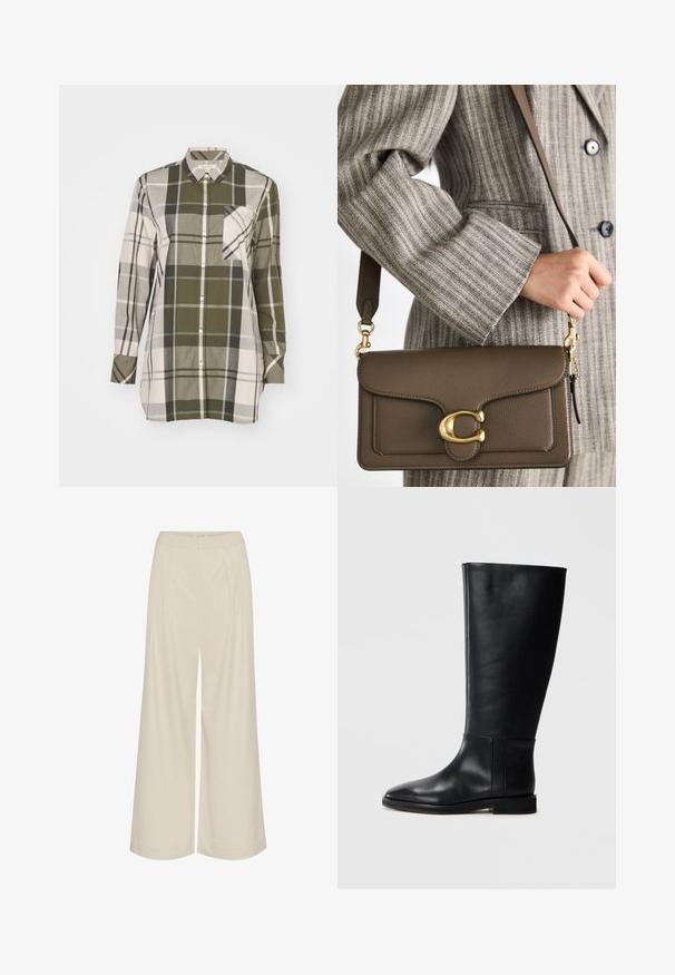 Button-up long-sleeve shirt with green, beige, and gray plaid pattern. Features a chest pocket and soft cotton fabric.; Wide-leg trousers in a light beige fabric, featuring pleats, a high waist, and a smooth texture with no visible embellishments.; Black leather knee-high boot with a rounded toe, smooth texture, minimalistic design, and a flat sole. Simple seam details on the shaft.; COACH TABBY SHOULDER BAG 26 - Handbag - dark stone