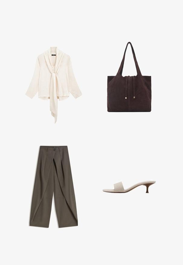 Weiße, leichte Bluse mit langen Ärmeln und einer Vorderband. Sie hat einen drapierten Kragen und einen strukturierten Stoff für zusätzliche Details.; Weite Hosen aus einem strukturierten, dunkelgrauen Stoff. Mit einer vorderen Faltenlegung, Knopfverschluss und praktischen Seitentaschen ausgestattet.; Fersenlose Sandale mit einem Obermaterial aus beigem gewebtem Stoff, offener Zehenpartie und geschwungenem Holzmittelsohle. Das Design zeichnet sich durch eine glatte Textur und eine minimalistische Form aus.; Mango Shopping Bag - dark brown