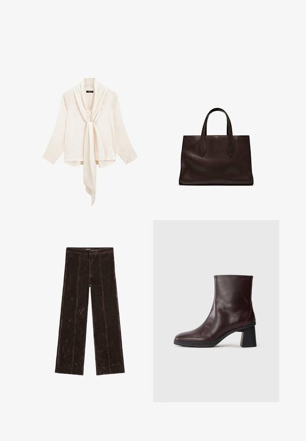 White, lightweight blouse with long sleeves and a front tie. Features a draped collar and textured fabric for added detail.; Wide-leg trousers in dark brown, featuring a suede-like texture, vertical stitching details, and an elastic waistband for comfort.; Dark brown leather ankle boot with a block heel and round toe, displayed on a plain light gray background.; Brown leather tote bag with two elongated handles, structured rectangular shape, smooth texture, and subtle stitching details.