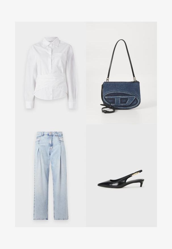 Biela košeľa s dlhým rukávom, golierom, prednými gombíkmi, malou náprsníkou a obtočeným dizajnom na páse. Hladká bavlnená tkanina.; Svetlomodré džínsy s vysokým pásom, širším strihom po celej dĺžke, dvoma bočnými vreckami a skladaným dizajnom. Mäkka textúra s vyblednutým vzhľadom.; Čierne kožené slingback opätky s špicatou špičkou, s úzkym opätkom a zlatým detailom na nastaviteľnom remienku. Hladká textúra.; Džínová crossbody taška s čiernym koženým popruhom, oválny dizajn loga na prednej strane a zips na vrchu. Textúrovaný povrch.
