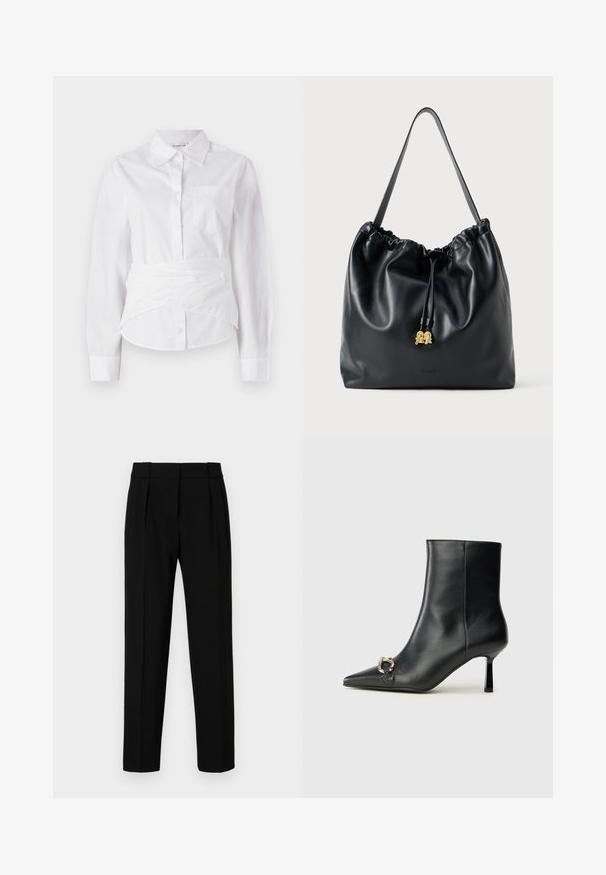 Balta ilga rankovė marškiniai su apykakle, priekyje su saga, maža krūtinės kišenė ir apvyniota dizaino juosta juosmens srityje. Lygus medvilnės audinys.; Juodos pritaikytos kelnės su tiesiu siluetu, raukiniu priekyje, blizgia medžiaga ir vidutinio pločio juosmeniu. Nėra matomų kišenių ar metalinių detalių.; Juodas odinis apavas iki kulkšnies su smailiu nosiu, plonu vidutinio aukščio kulnu ir sidabriniu sagties akcentu šone, prieš paprastą foną.; Juodas odinis maišelis su virvute, turintis lygią tekstūrą, susiraukšlėtą viršų ir subtilų auksinį apdailą. Turi vieną tvirtą diržą ir įspaustą logotipą.