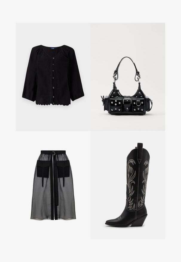 Zwarte blouse met knopen, driekwart mouwen, V-hals, textuurstof en bloemachtige borduursels aan de voorkant. Golvende zoomafwerking.; Zwarte doorschijnende rok met een verzameld tailleband, voorzien van twee grote voorzakken, een tailleband met strik en een ronde metalen accent.; Zwarte leren cowboylaarzen met spitse neuzen, wiggenhakken en zilver geborduurde bloemmotieven langs de schacht. Contrasterende stiksels overal.; Zwarte lederen handtas met een gebogen ontwerp, voorzien van zilveren studs, een gesp en twee zijvakken. Verstelbare schouderband voor verschillende draagmogelijkheden.