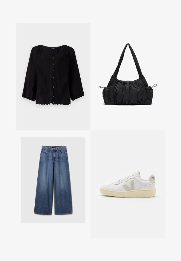 Blusa negra de botones con mangas tres cuartos, escote en V, tejido texturizado y bordado floral en la parte frontal. Detalle de dobladillo con forma de ola.; Jeans de mezclilla azul de pierna ancha con un acabado desgastado, que cuentan con un cierre de botón y cremallera, cinco bolsillos y cinturas.; Zapatilla de piel blanca con acentos de ante beige, caja de puntera perforada, cordones planos y suela texturizada en color crema. Cuenta con un branding sutil en el talón.; Bolso de tela negra con textura fruncida, dos asas para el hombro y cierre de cordón en los laterales. Material suave y ligero.