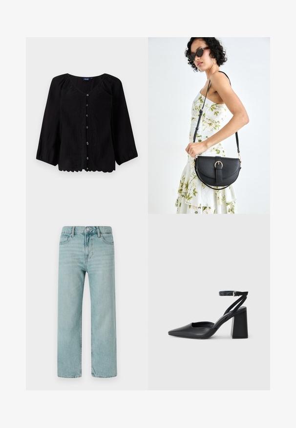 Blusa preta de botão com mangas três-quartos, decote em V, tecido texturizado e bordado floral na parte da frente. Detalhe com bainha em estilo escallop.; Jeans de perna larga azul claro feitos de denim, apresentando um clássico design de cinco bolsos, linhas limpas e uma cintura regular com fecho de botão.; Sandal com biqueira afilada em couro preto, com cinta no tornozelo e salto grosso. Textura lisa, design elegante e estética minimalista.; Bolsa de couro preta com forma curva, alça destacável e detalhes em dourado. A bolsa possui uma aba com detalhe de fivela.