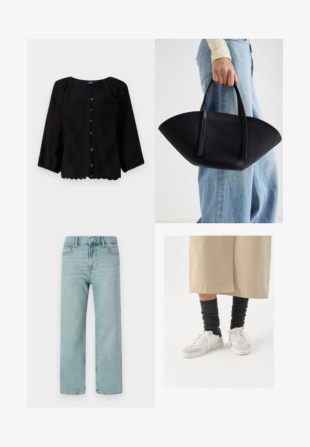 Melna pogu blūze ar trim ceturtdaļām piedurknēm, V-veida kaklu, teksturētu audumu un ziedu izšuvumiem gar priekšpusi. Malu detalizācija ar viļņotām malām.; Gaiši zili platās kājas džinsi, izgatavoti no denima, ar klasisku piecu kabatu dizainu, tīrām līnijām un regulāru vidukli ar pogu aizdari.; Baltas un pelēks sneakers ar melnu papēža akcentu, ar gludu ādas virsu un teksturētu zamšu purngali. Nēsāti ar tumši pelēkām, vaļīgām zeķēm.; Melnas ādas rokassoma ar unikālu ventilatora formu, aprīkota ar plakaniem rokturiem. Virsma ir ar graudainu faktūru un minimālistisku dizainu.