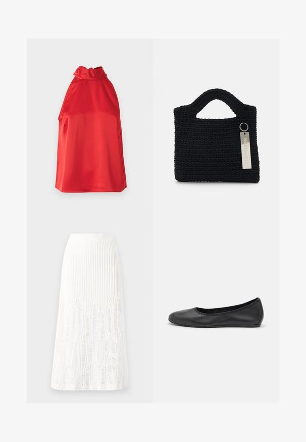 Rdeča satenska halter majica z visokim ovratnikom, gladko teksturo in stranskimi razporki. Ima preprost, eleganten dizajn brez okrasnih elementov.; Trikotažna bela midi krila z teksturiranim vzorcem s pokončnimi črtami in izrezi blizu roba. Elastičen pas. Mehka tkanina.; Črne usnjene balerinke z zaobljenim nosom, gladko teksturo, minimalnimi šivi in fleksibilno zasnovo podplata.; Won Hundred MARSIELLE COMPUTER BAG UNISEX - Torba za prenosnik - black