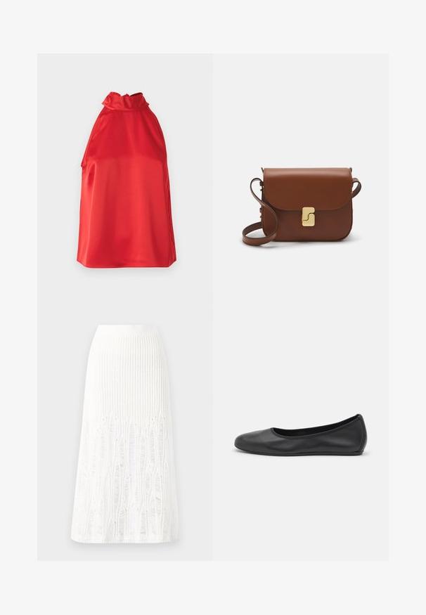 Raudonas satinas halteris su aukštu kaklu, lygiu paviršiumi ir šoninėmis skiltimis. Pasižymi paprastu, elegantišku dizainu be dekoracijų.; Balta megzta midi sijoninė su tekstūruotu raštu, vertikaliomis linijomis ir išpjovomis arti apatinės dalies. Elastinga juostos dalis. Minkšta medžiaga.; Juodai odiniai baletai su apvaliu pirštu, lygi texture, minimalus siuvimo detales ir lanksčiu padų dizainu.; Ruda odinė rankinė su uždaromu dangteliu, aukso spalvos detalėmis, petneša ir lygiu paviršiumi. Kompaktiška stačiakampio formos.